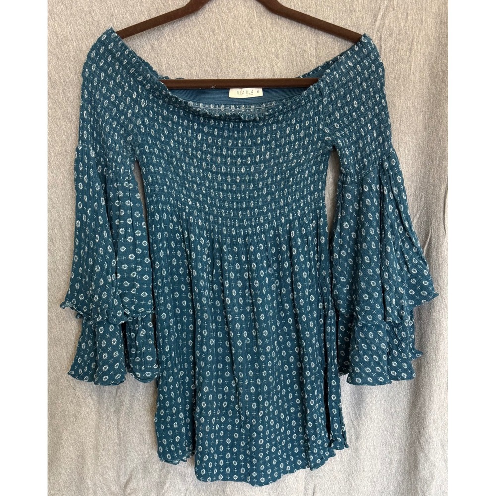 ILLA ILLA Medium Mini Dress Teal Smocked Bell Sleeve Boho‎ Festival Cottagecore
